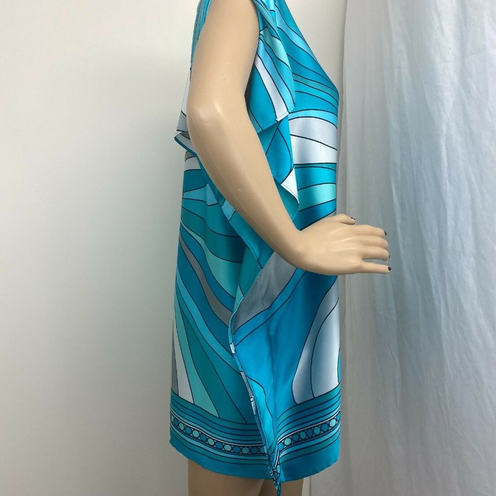 "MICHAEL KORS" TURQUOISE ARTSY GEOMETRIC  PONCHO TUNIC LONGLINE SILKY TOP SZE: L - Picture 2 of 4
